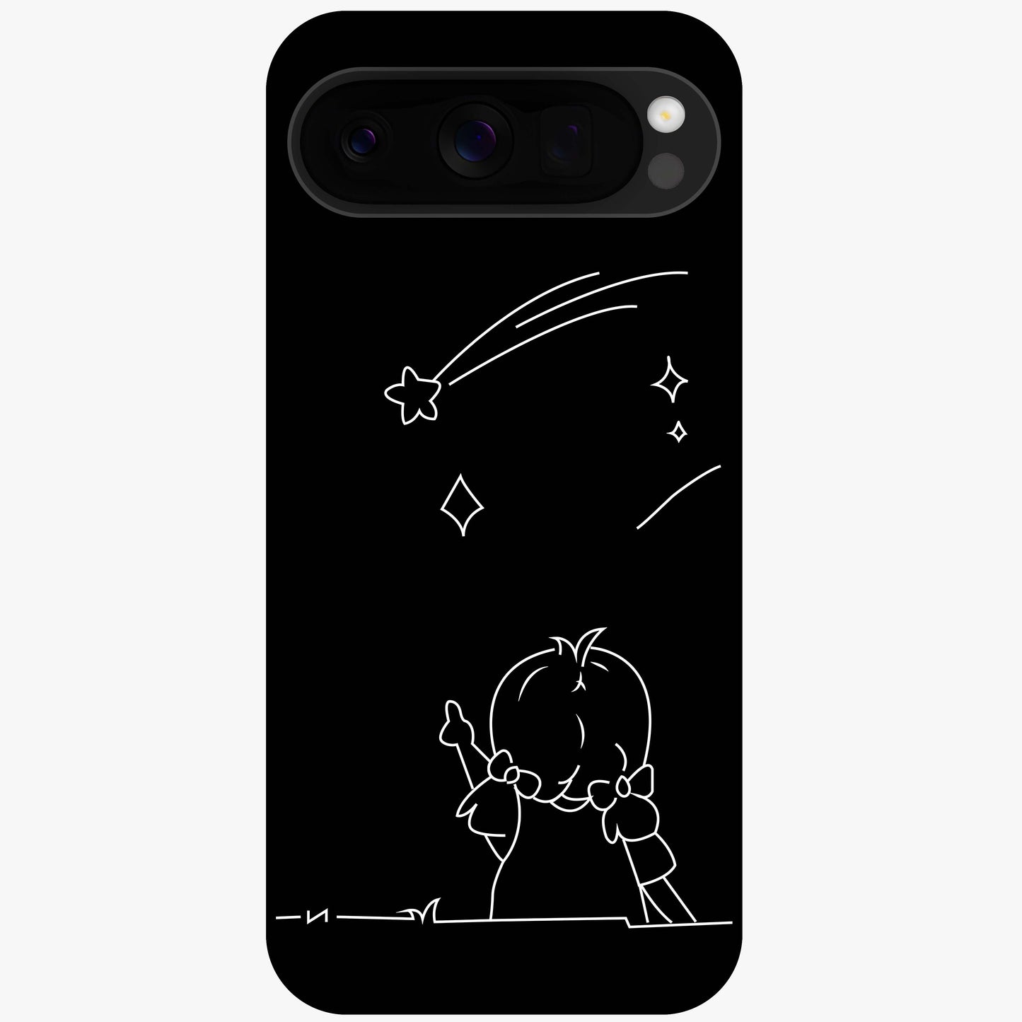 Line Art Girl With Shooting Stars Glass Case showing flat back view with minimal line art girl and shooting stars illustration and glossy glass finish.