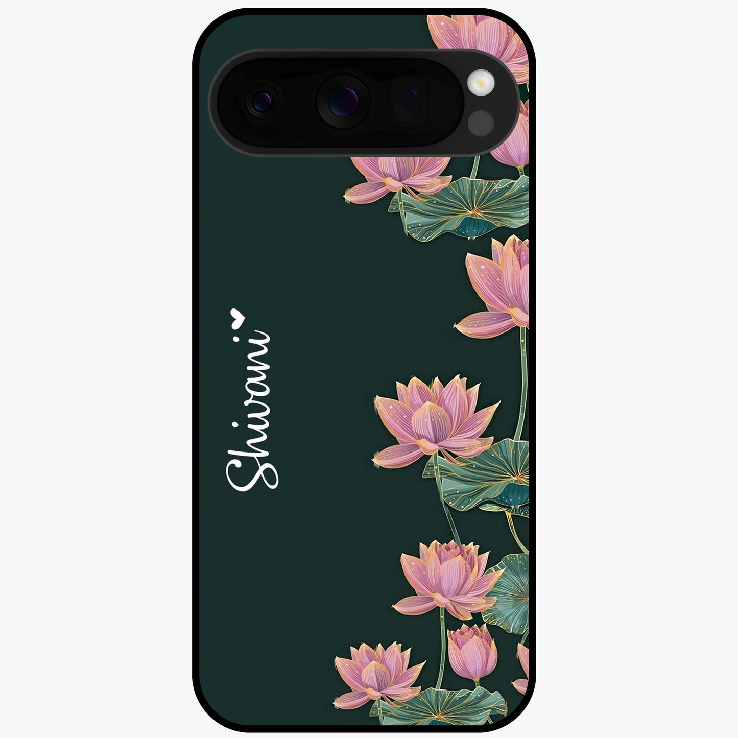 Lotus Bloom Serenity Custom Name Glass Case showing flat back view with elegant lotus flower artwork and personalized name design.