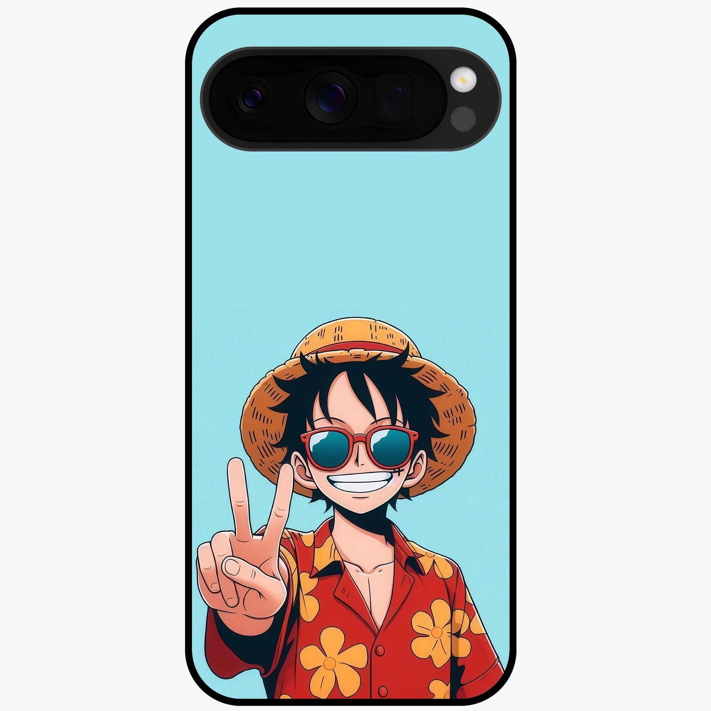 Luffy Summer Anime Vibe Glass Case showing flat back view with vibrant anime character artwork and glossy glass finish.