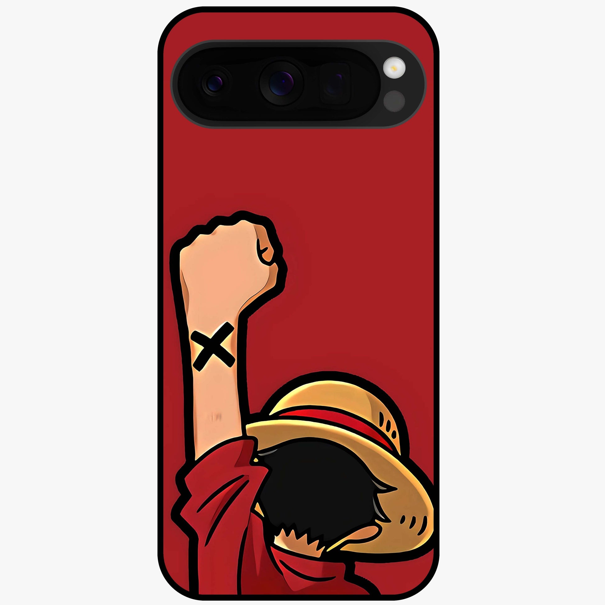 Luffy X Spirit Glass Case showing flat back view with bold anime character artwork and glossy glass finish.