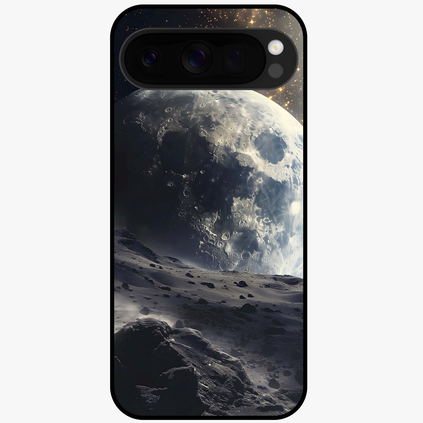 Lunar Horizon Glow Glass Case showing flat back view with glowing moon horizon artwork and glossy glass finish.