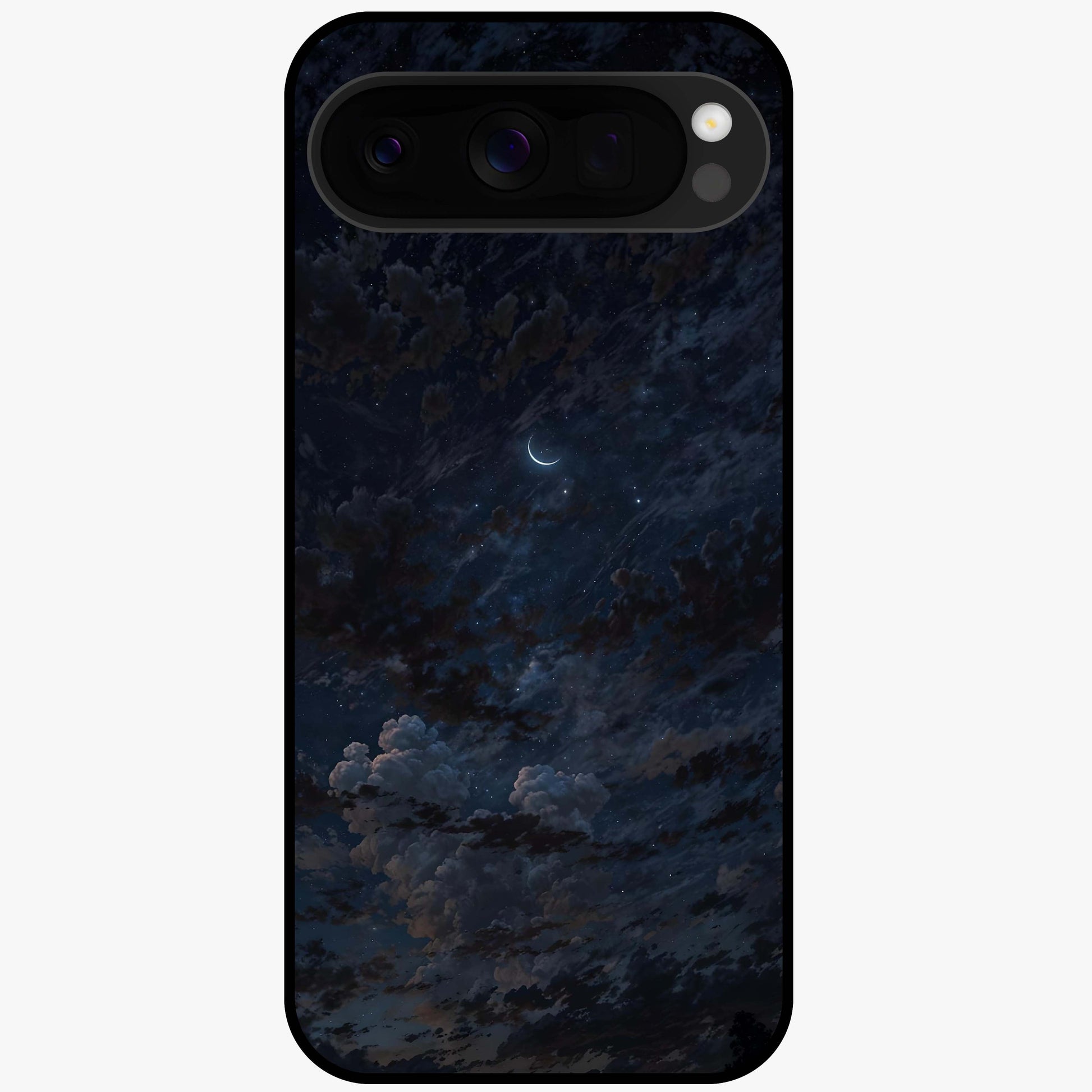 Lunar Veil Silence Glass Case showing flat back view with mystical moon veil artwork and glossy glass finish.