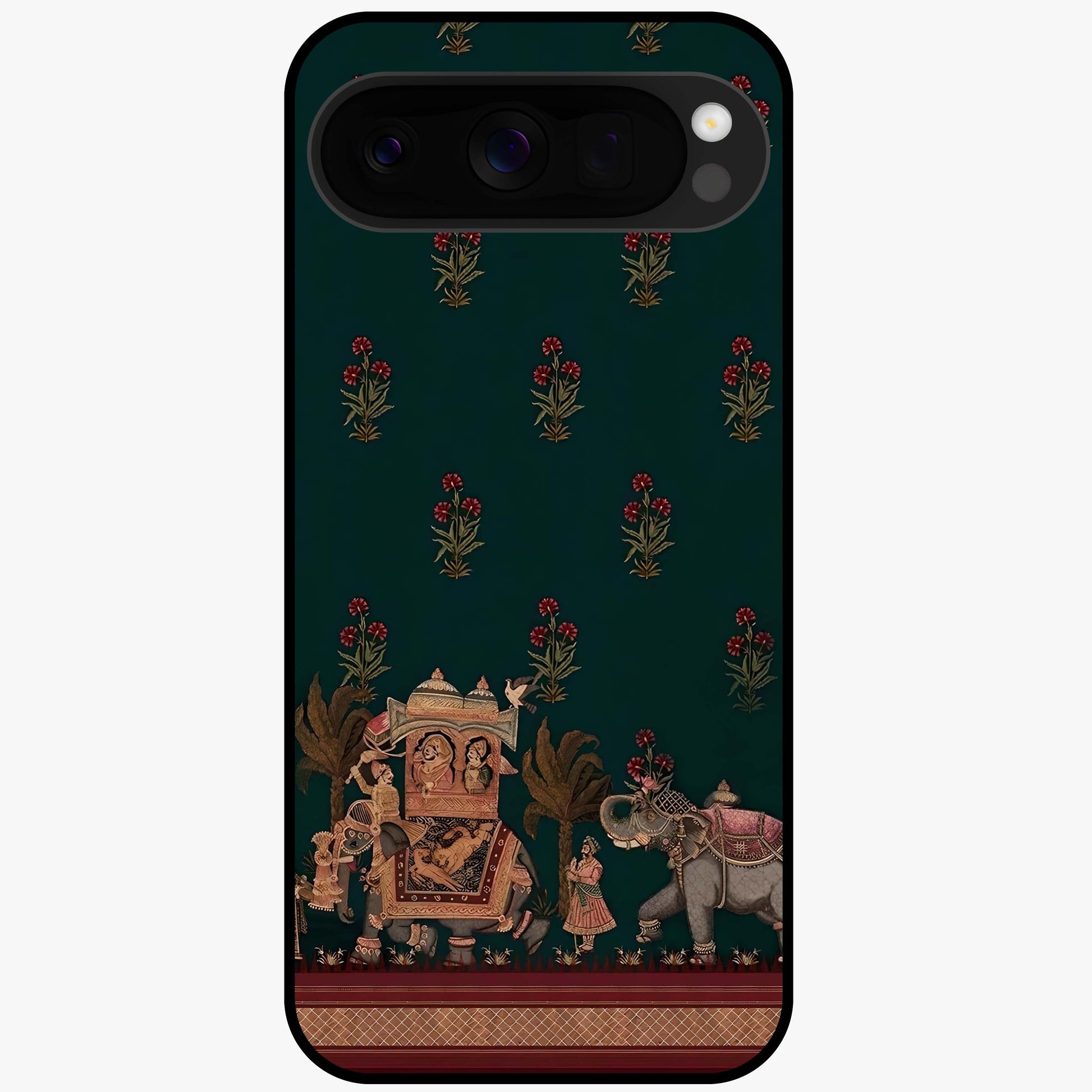 Macmerise Glass Case showing flat back view with stylish modern artwork and glossy glass finish.