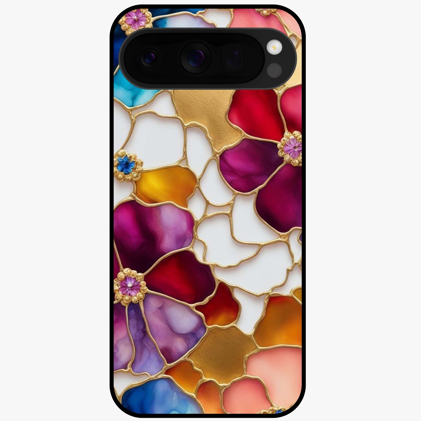 Marble Flower Pattern Glass Case showing flat back view with marble texture floral artwork and glossy glass finish.