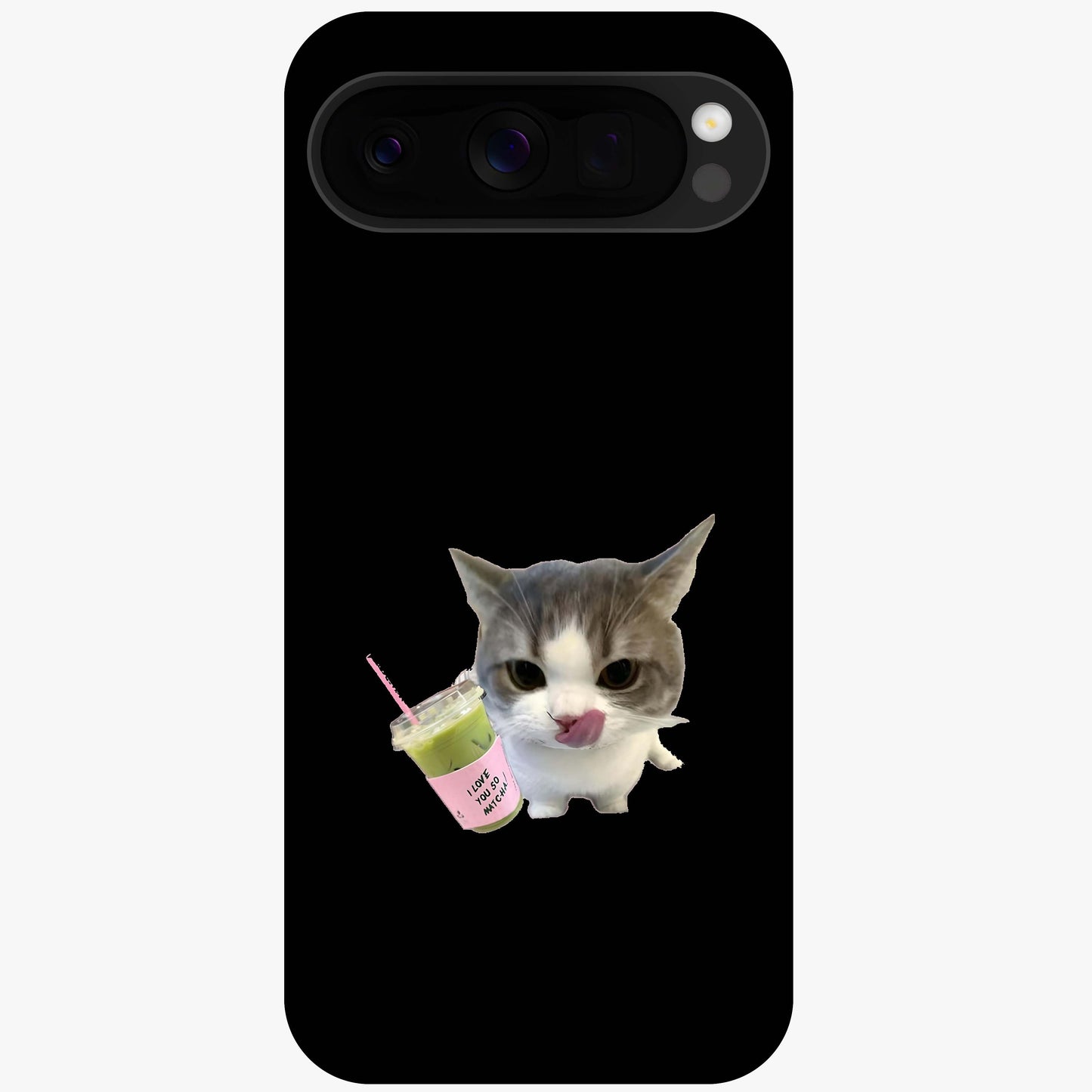 Matcha Cat Style Glass Case showing flat back view with cute matcha themed cat artwork and glossy glass finish.