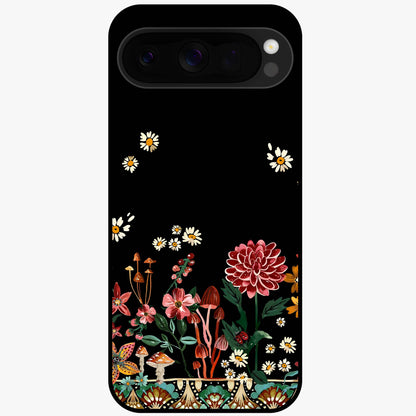 Midnight Bloom Pattern Glass Case showing flat back view with dark floral pattern artwork and glossy glass finish.