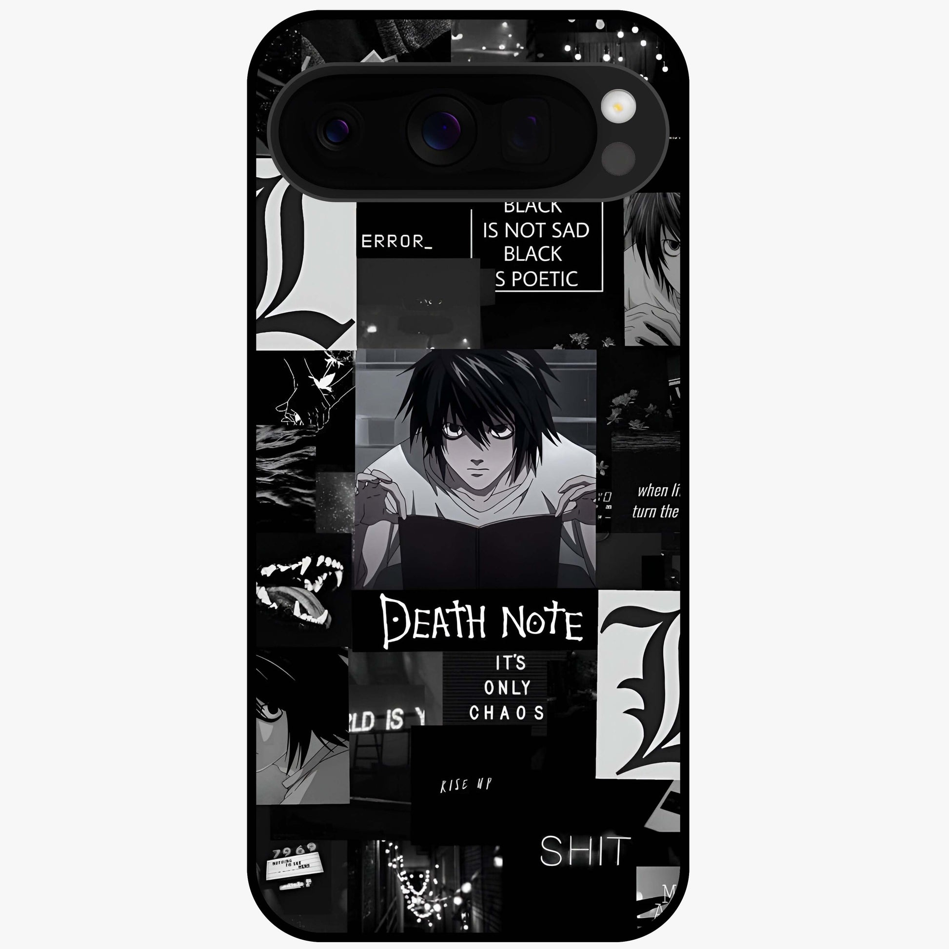Midnight Chaos Mind Glass Case showing flat back view with abstract dark themed artwork and glossy glass finish.