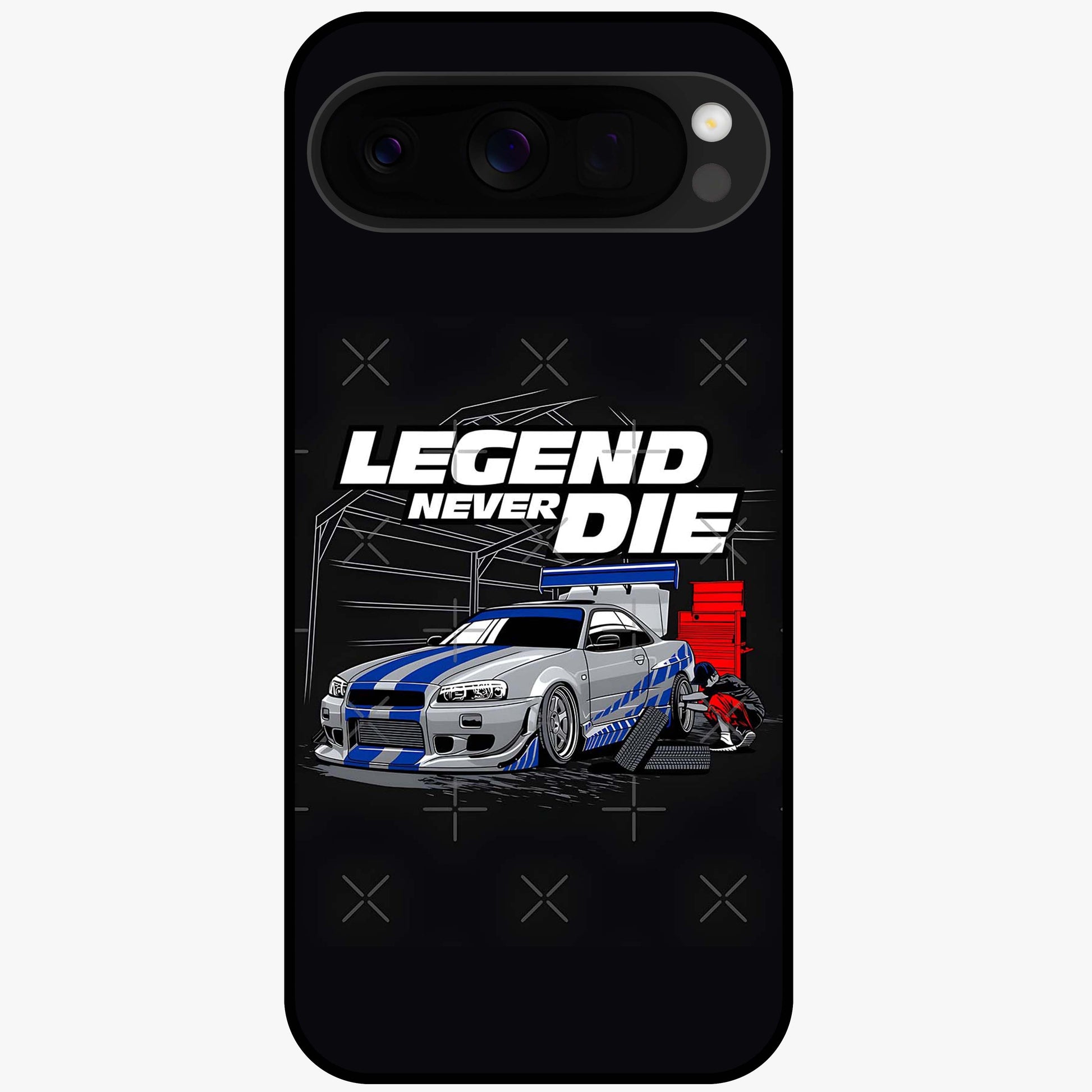 Midnight Racing Legacy Glass Case showing flat back view with sleek racing inspired artwork and glossy glass finish.