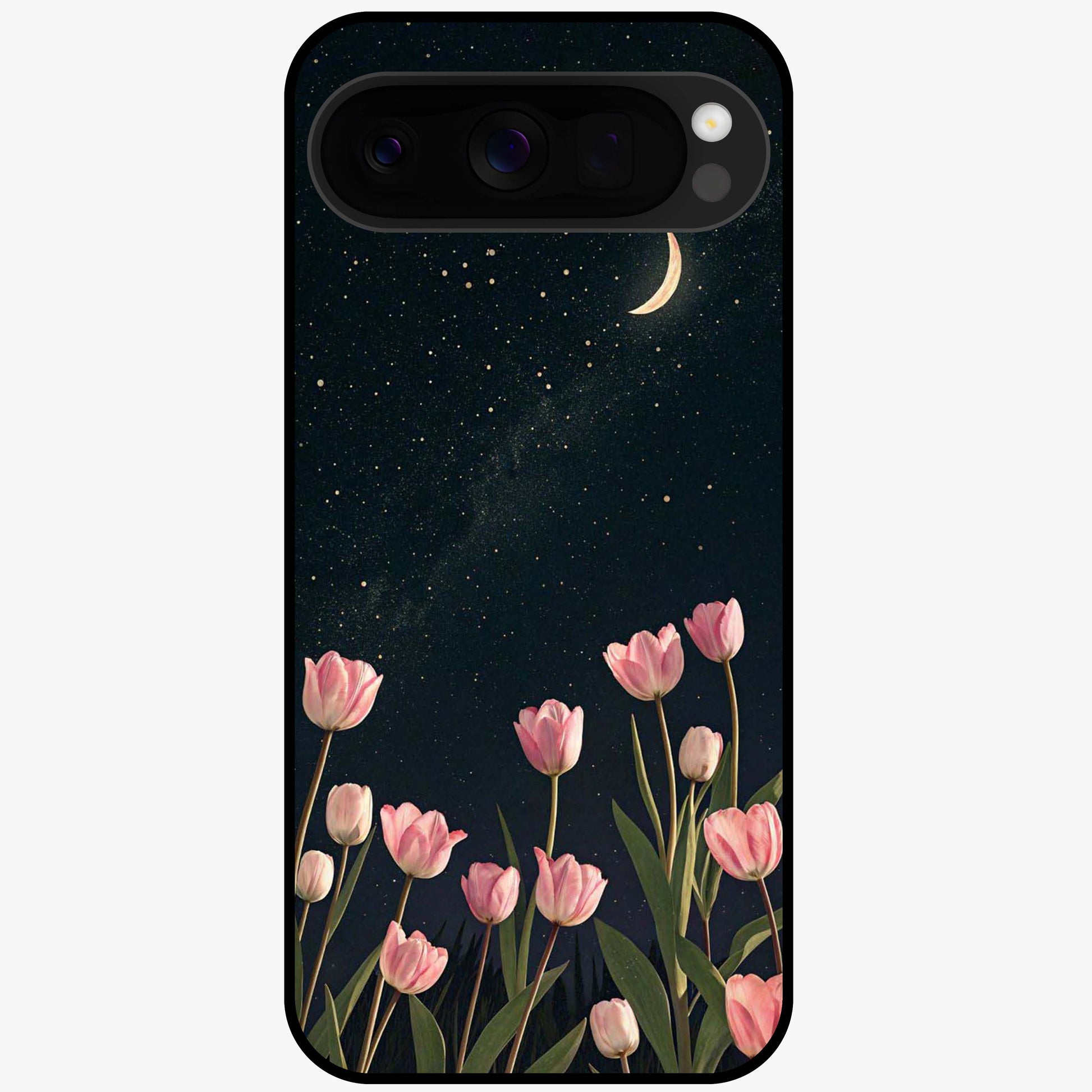 Midnight Tulip Whispers Vibe Glass Case showing flat back view with elegant tulip flower artwork and glossy glass finish.