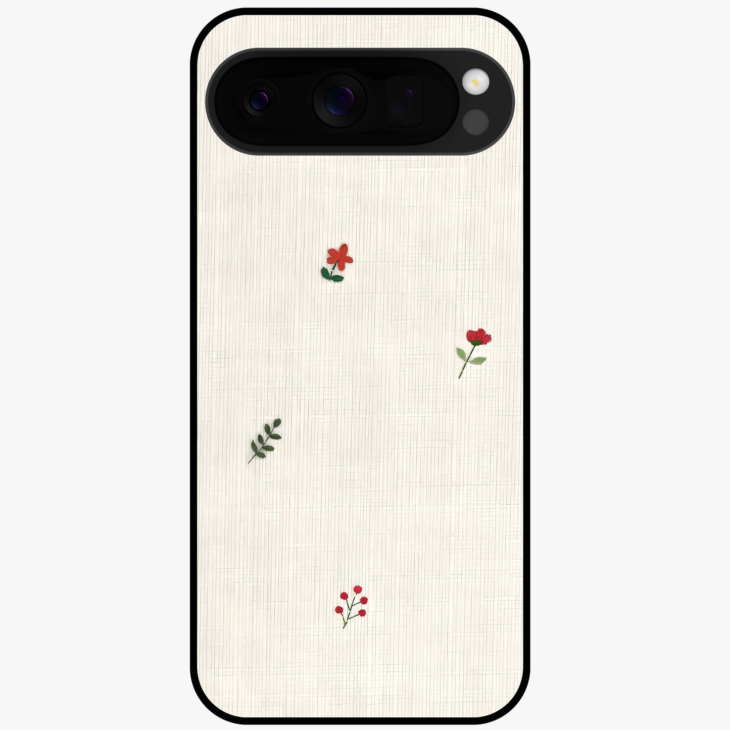 Minimal Petal Whispers Glass Case showing flat back view with soft minimal floral artwork and glossy glass finish.