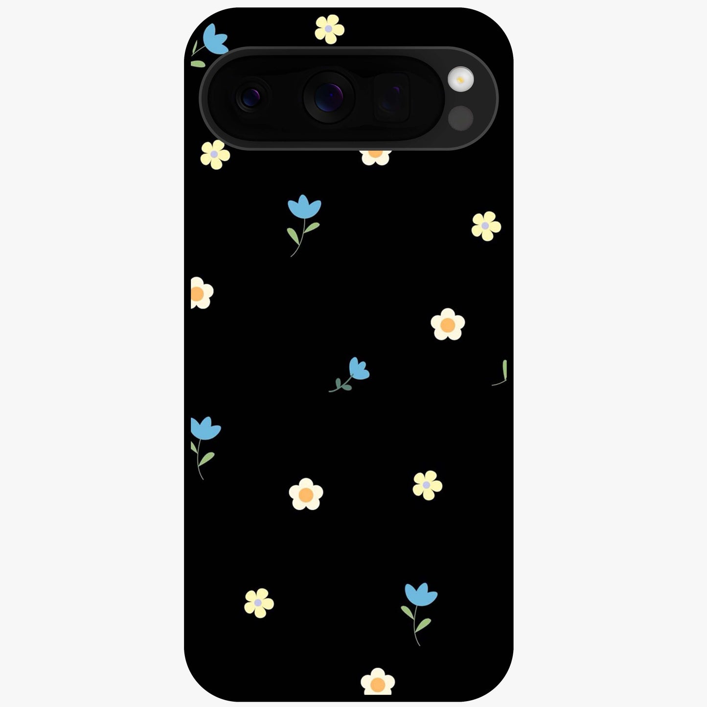 Minimalistic Blue With White Flower Pattern Glass Case showing flat back view with blue background and white flower pattern and glossy glass finish.