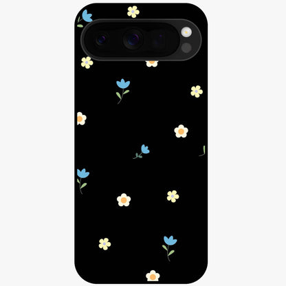 Minimalistic Blue With White Flower Pattern Glass Case showing flat back view with blue background and white flower pattern and glossy glass finish.