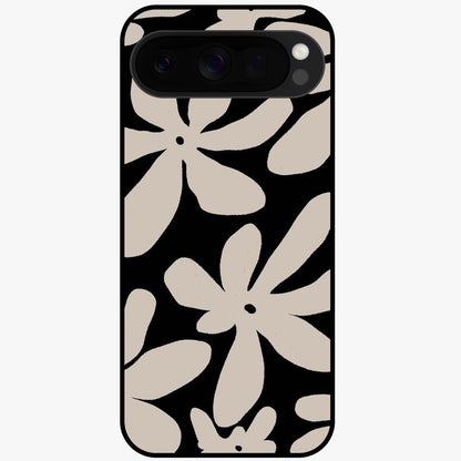 Monochrome Petal Dance Glass Case showing flat back view with monochrome floral artwork and glossy glass finish.