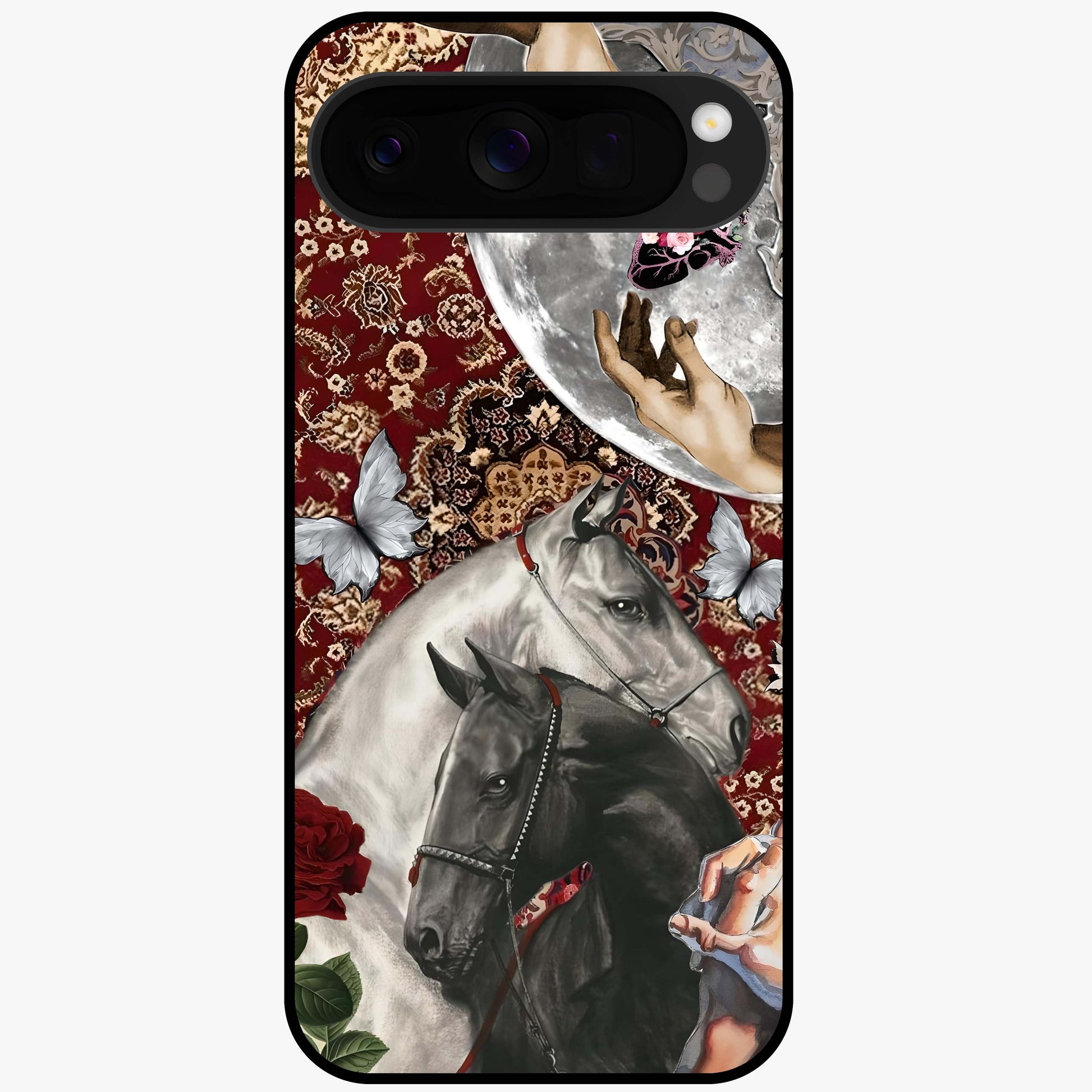 Moonlit Royal Stallion Glass Case showing flat back view with majestic horse under moonlight artwork and glossy glass finish.