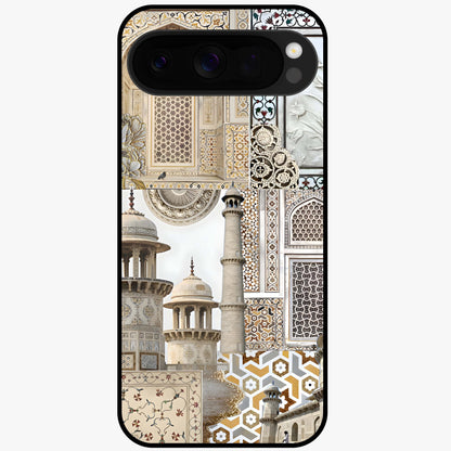 Mughal Marble Legacy Glass Case showing flat back view with intricate Mughal inspired marble pattern and glossy glass finish.