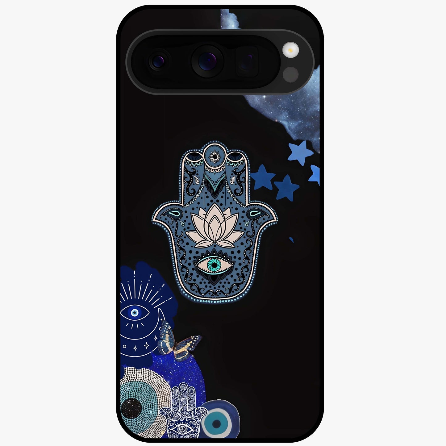 Mystic Hand Aura Glass Case showing flat back view with mystical hand symbol artwork and glossy glass finish.