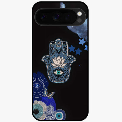 Mystic Hand Aura Glass Case showing flat back view with mystical hand symbol artwork and glossy glass finish.