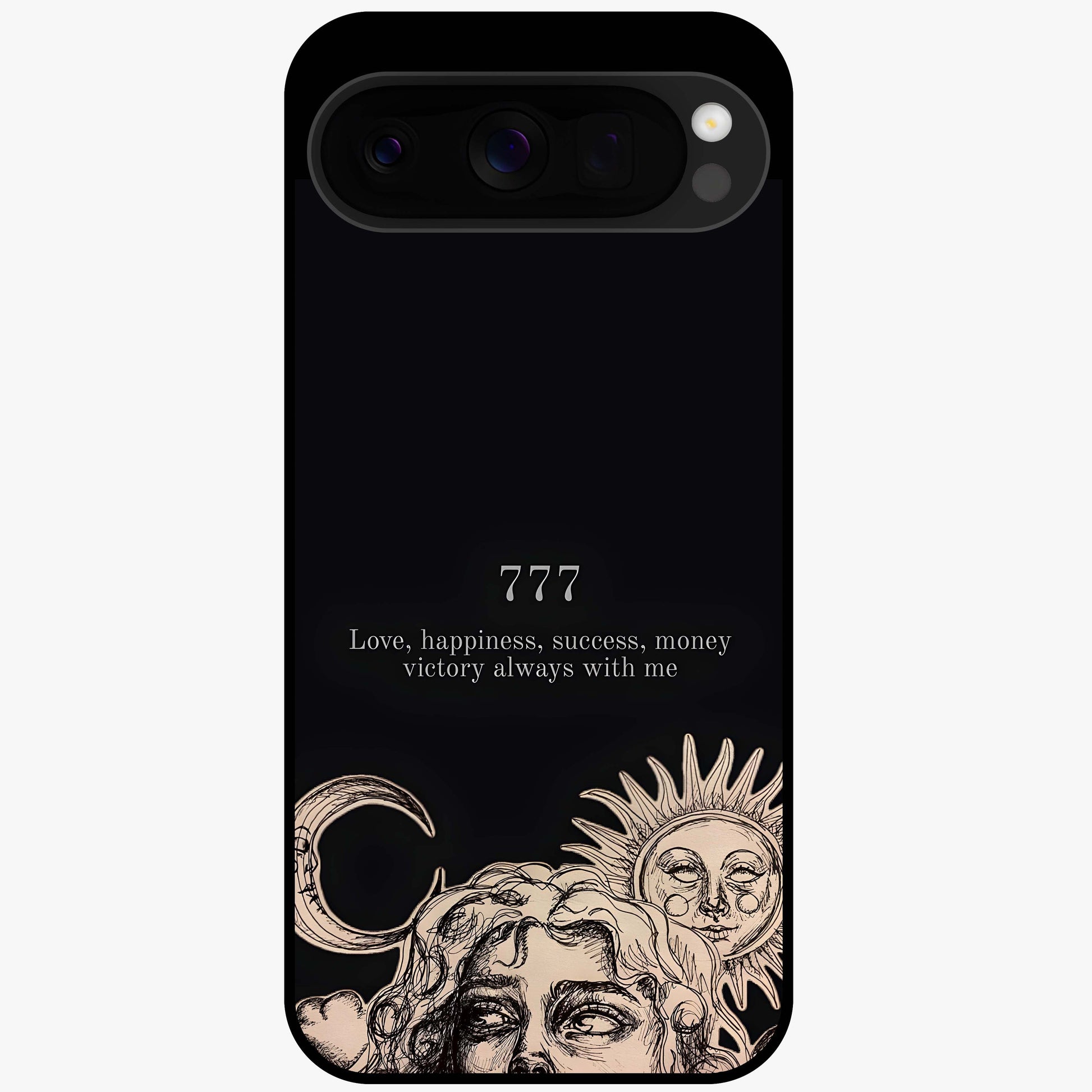 Mystic Victory Aura Glass Case showing flat back view with victory symbol artwork and glossy glass finish.