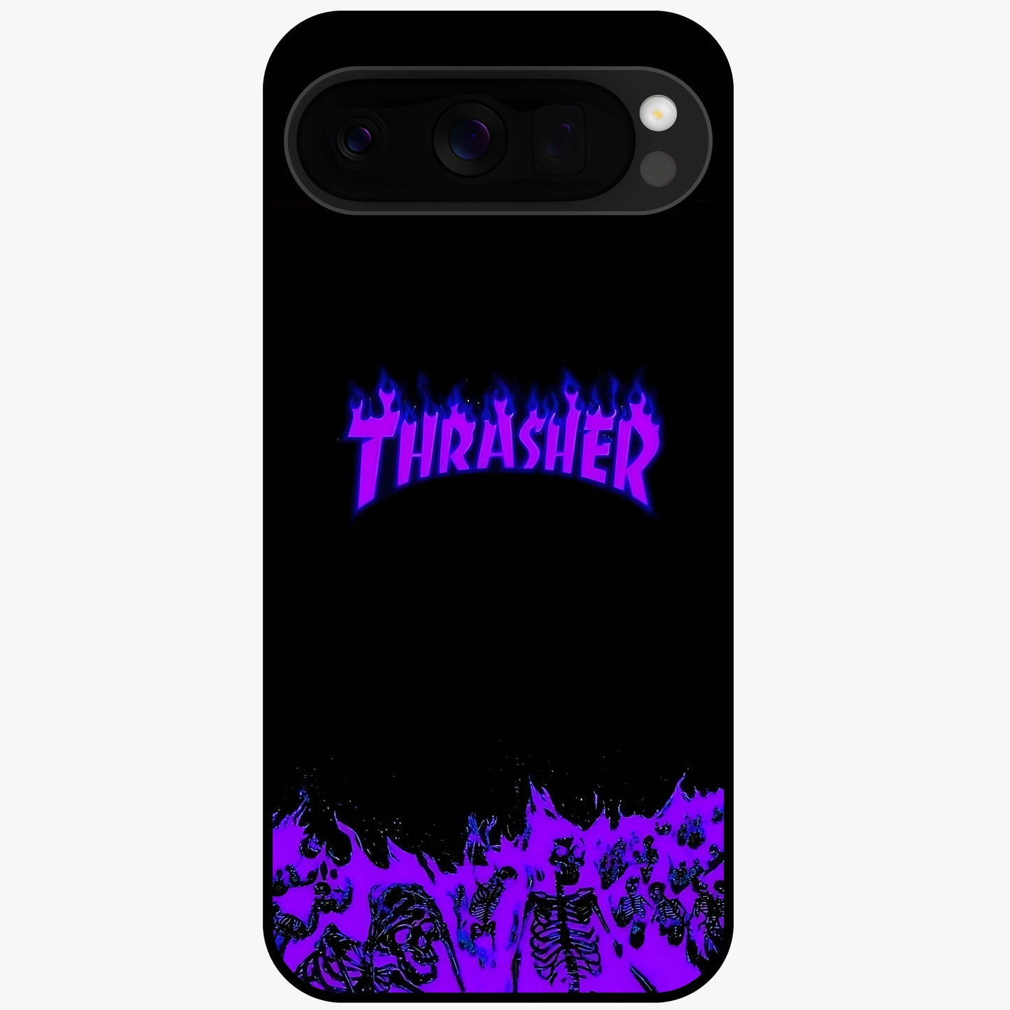 Neon Flame Riot Glass Case showing flat back view with neon flame artwork and glossy glass finish.