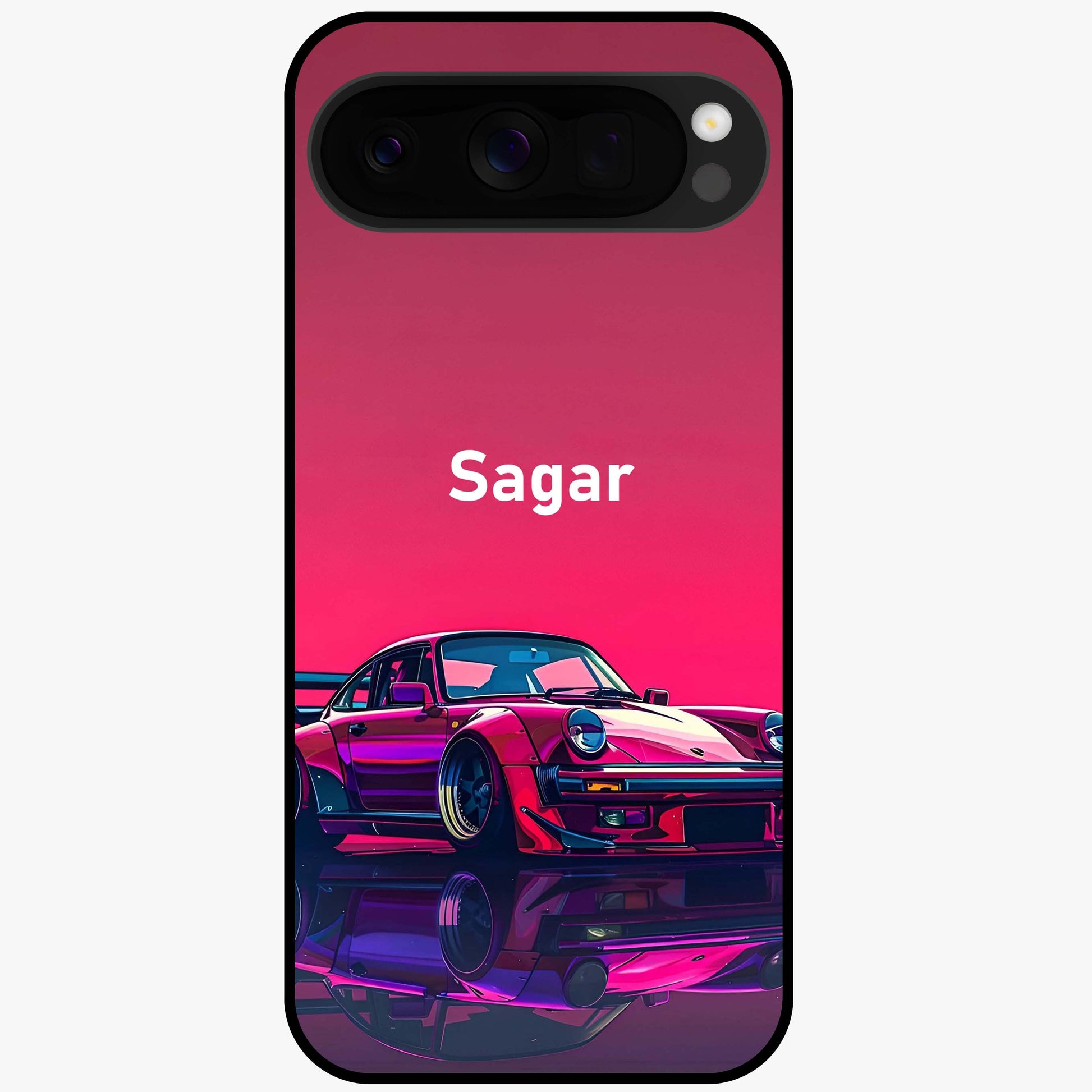 Neon Pink Porsche Glass Case showing flat back view with stylish sports car artwork and glossy glass finish.