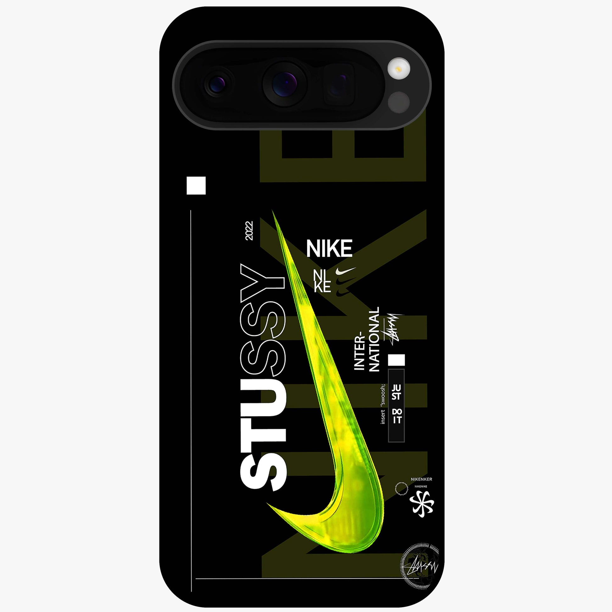 Neon Street Edition Glass Case showing flat back view with neon street style artwork and glossy glass finish.