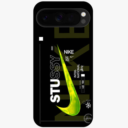 Neon Street Edition Glass Case showing flat back view with neon street style artwork and glossy glass finish.