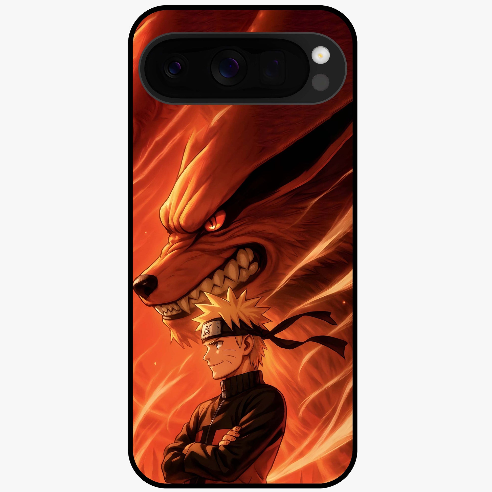 Nine Tails Legacy Glass Case showing flat back view with powerful nine-tailed fox inspired artwork and glossy glass finish.