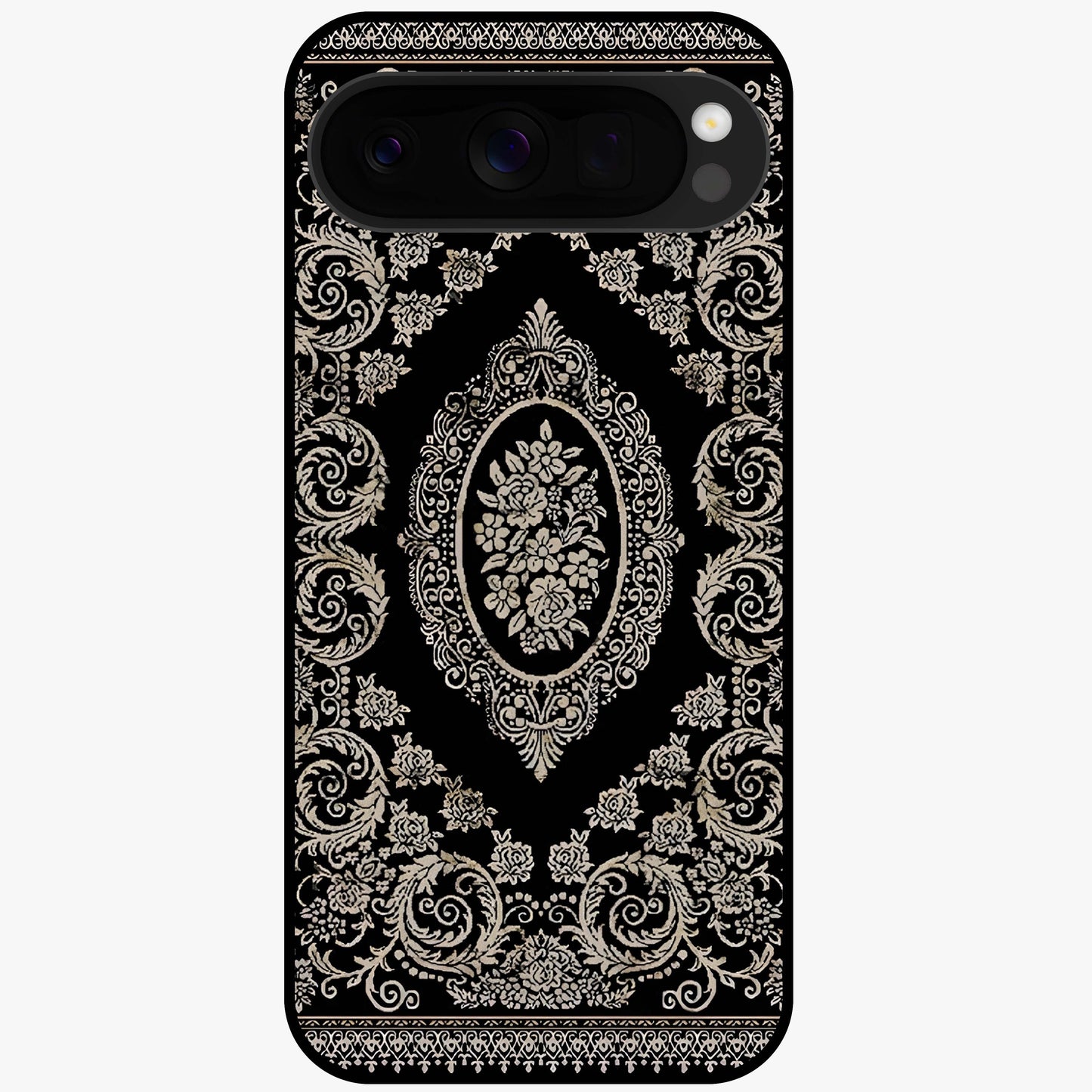 Noir Bloom Elegance Glass Case showing flat back view with elegant dark floral artwork and glossy glass finish.