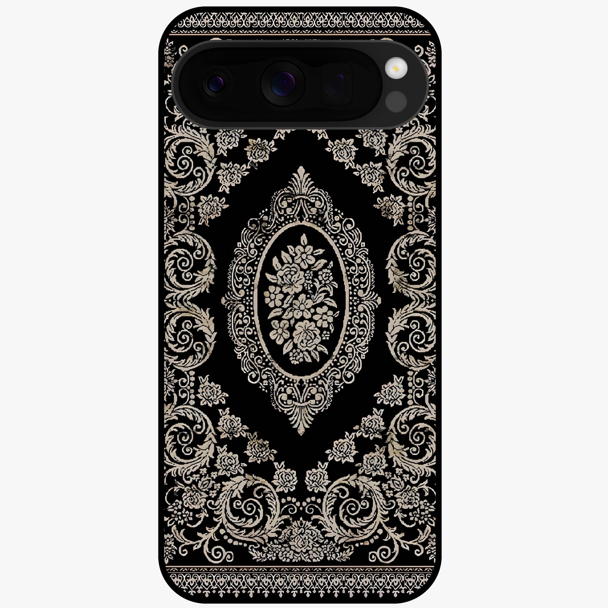 Noir Bloom Elegance Glass Case showing flat back view with elegant dark floral artwork and glossy glass finish.