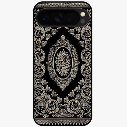 Noir Bloom Elegance Glass Case showing flat back view with elegant dark floral artwork and glossy glass finish.