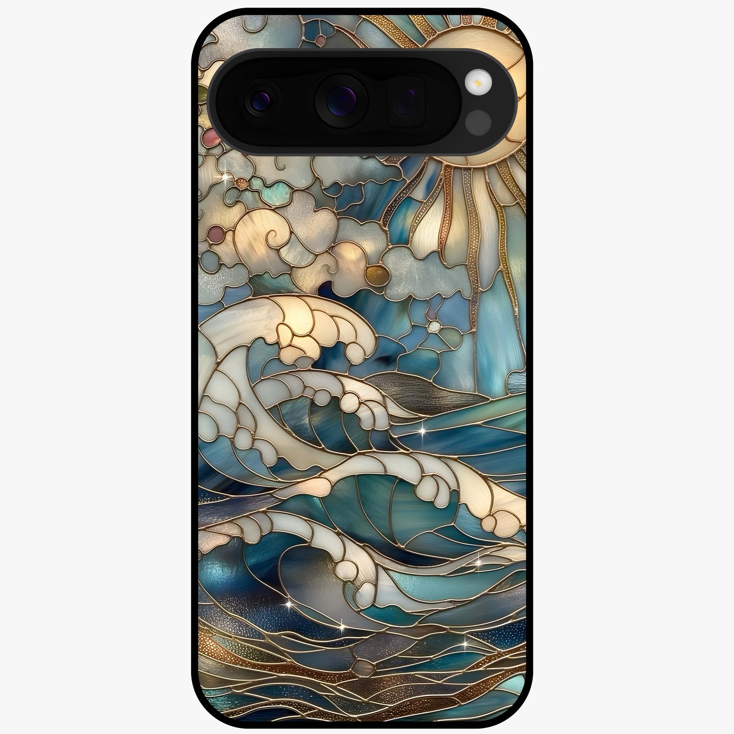 Oceanic Stained Printed Glass Case showing flat back view with ocean inspired stained pattern artwork and glossy glass finish.