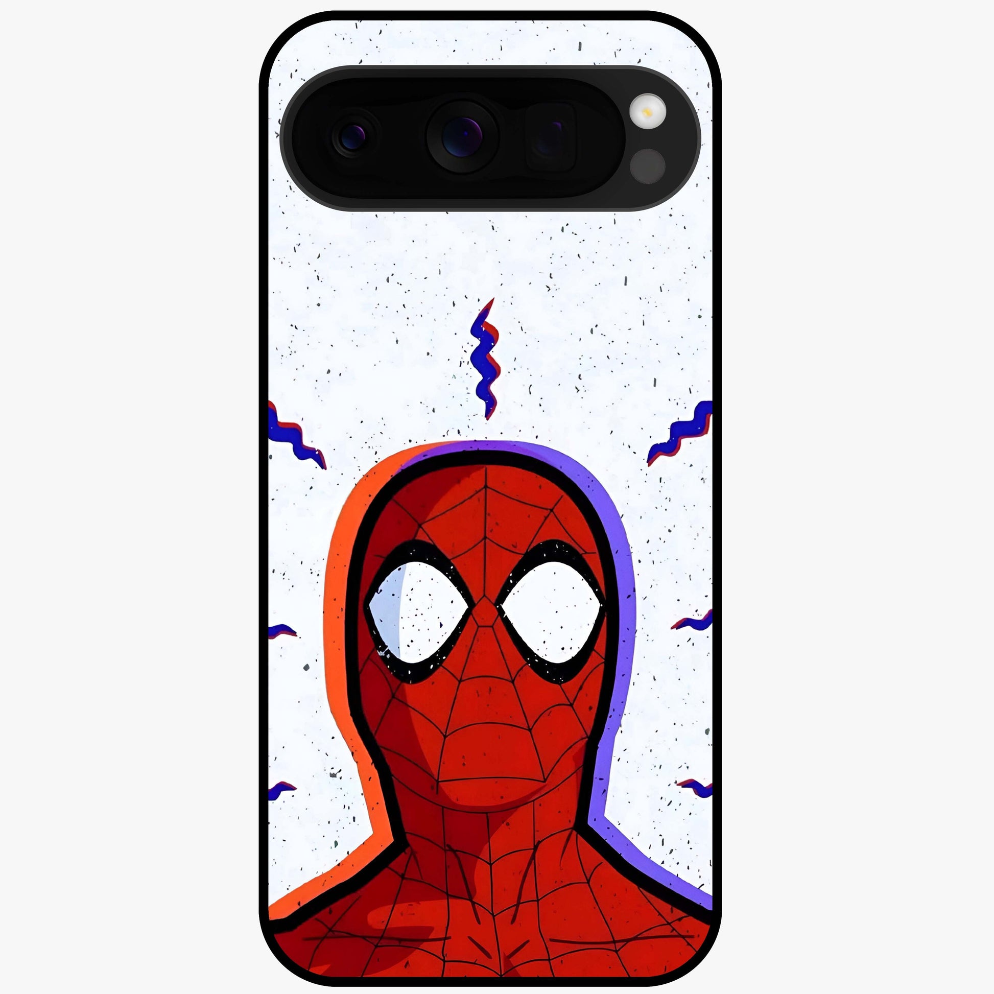 Omg Spiderman Glass Case showing flat back view with bold superhero inspired artwork and glossy glass finish.