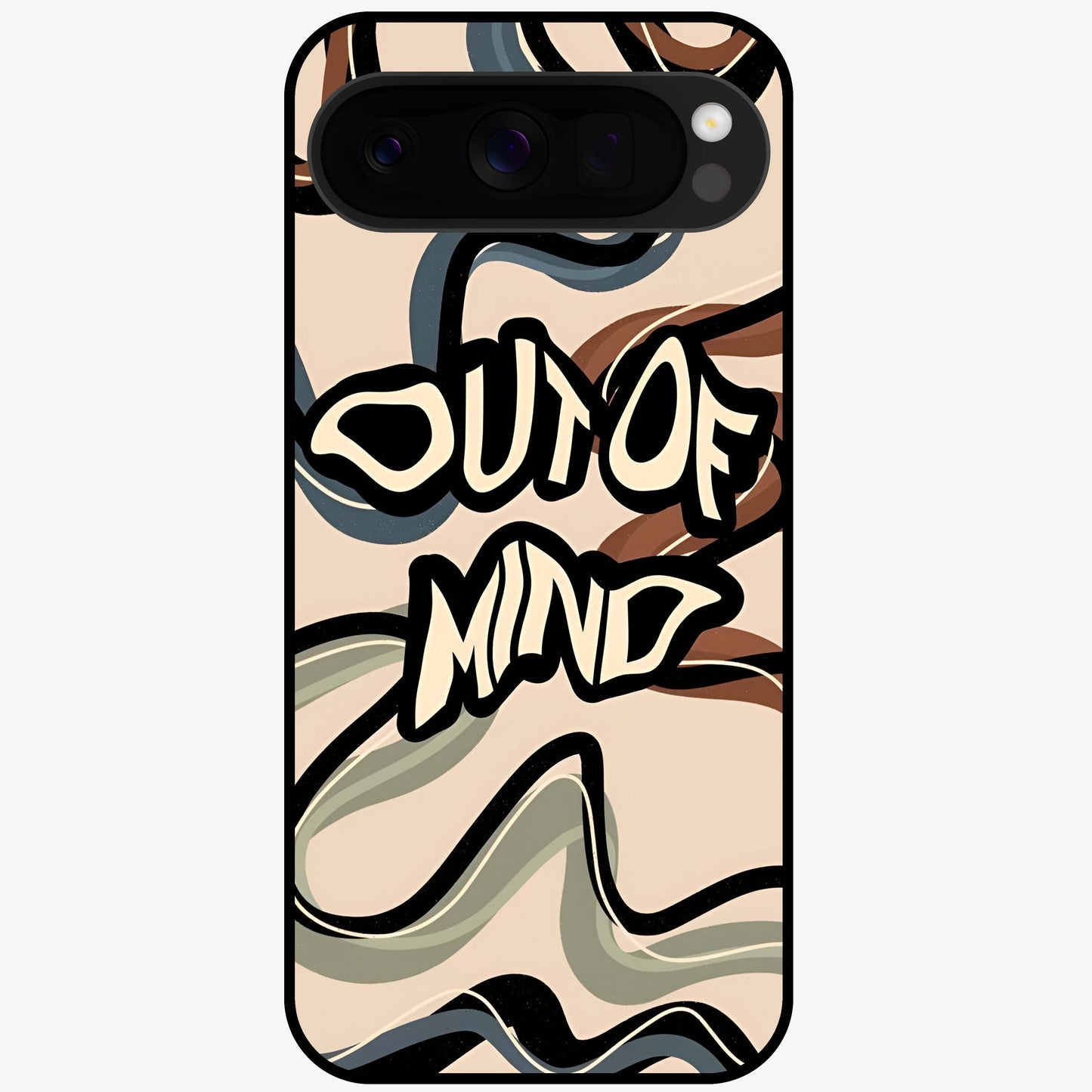 Out Of Mind Glass Case showing flat back view with expressive typography artwork and glossy glass finish.