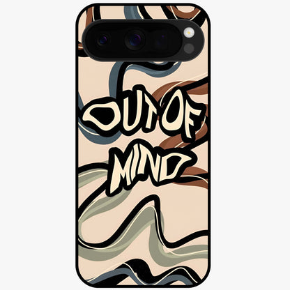 Out Of Mind Glass Case showing flat back view with expressive typography artwork and glossy glass finish.