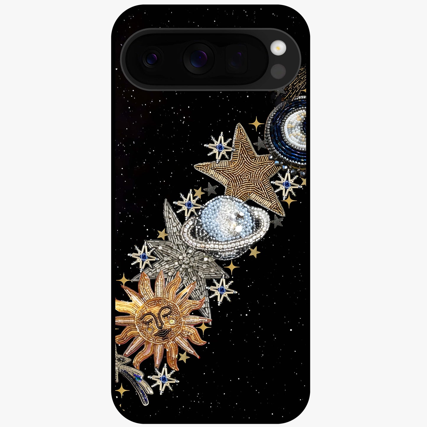 Pearls Universe Object Glass Case showing flat back view with pearl inspired cosmic artwork and glossy glass finish.