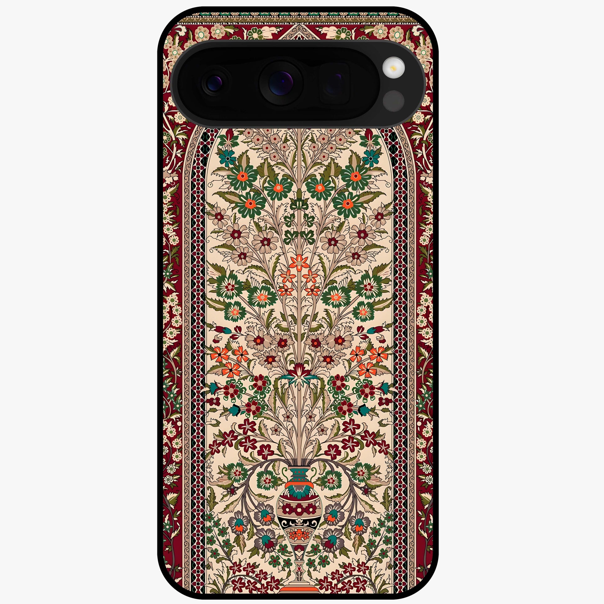 Persian Inspired Glass Case showing flat back view with ornate Persian style pattern artwork and glossy glass finish.