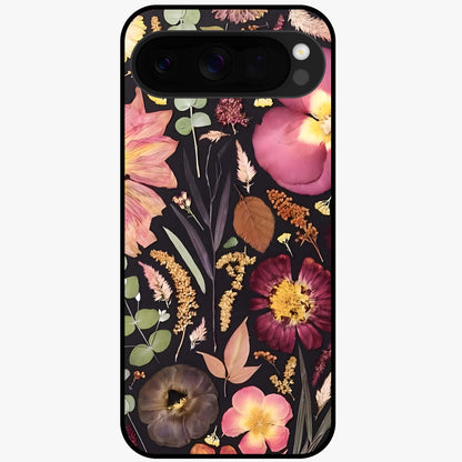 Petal Dream Tapestry Glass Case showing flat back view with intricate floral tapestry artwork and glossy glass finish.