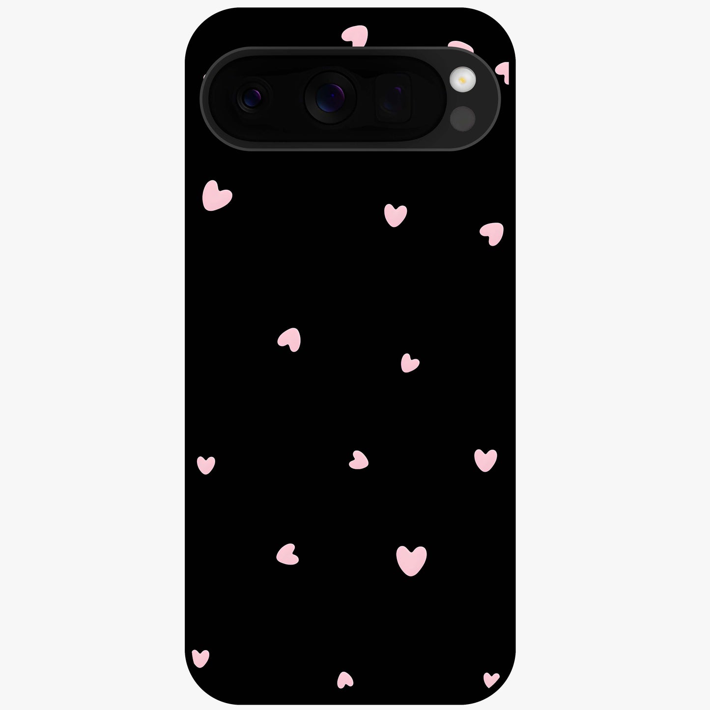 Pink Love Drops Glass Case showing flat back view with playful pink heart drops artwork and glossy glass finish.