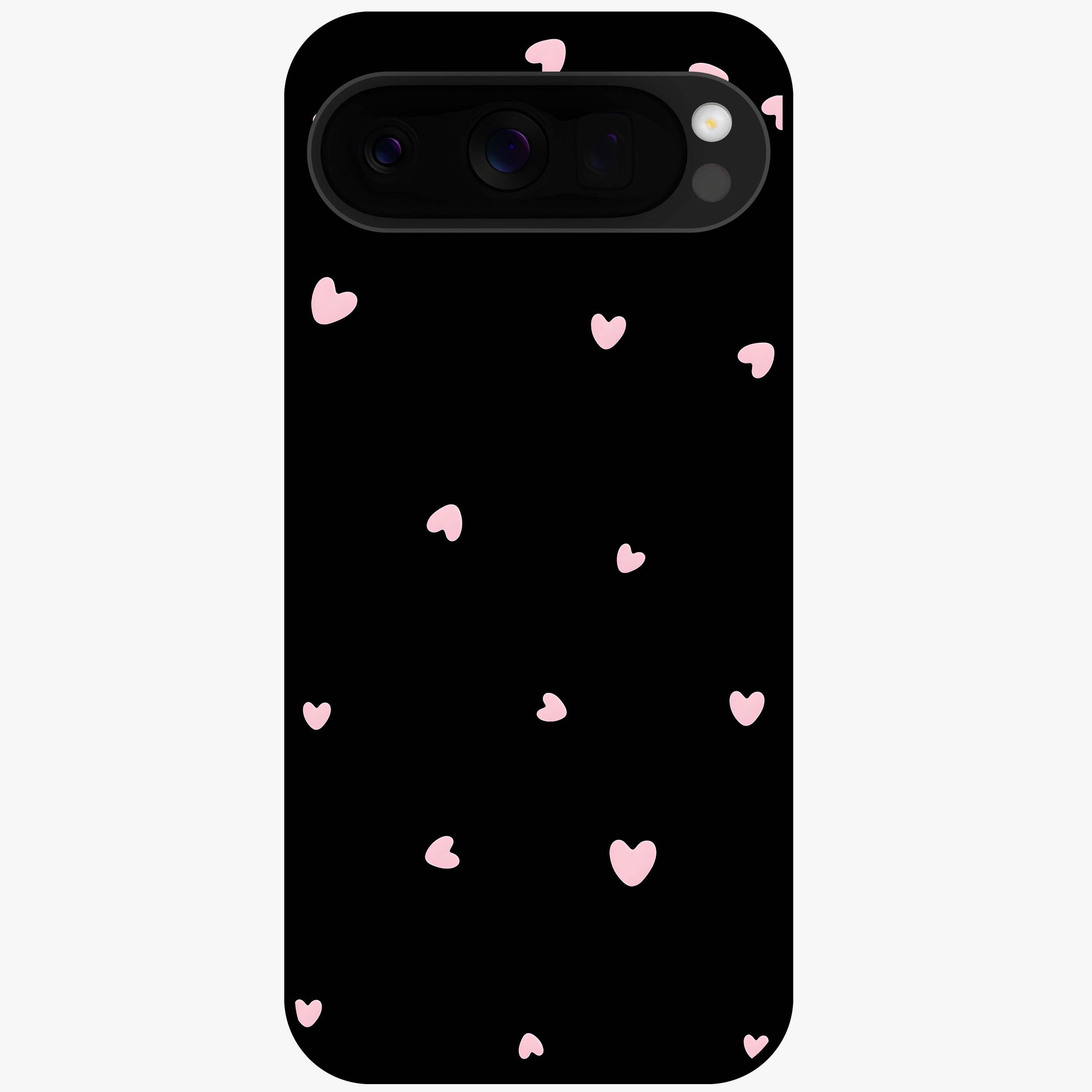 Pink Love Drops Glass Case showing flat back view with playful pink heart drops artwork and glossy glass finish.