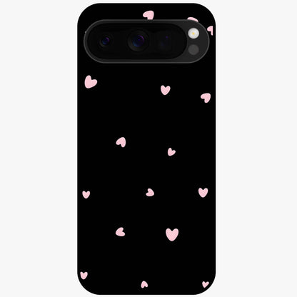 Pink Love Drops Glass Case showing flat back view with playful pink heart drops artwork and glossy glass finish.