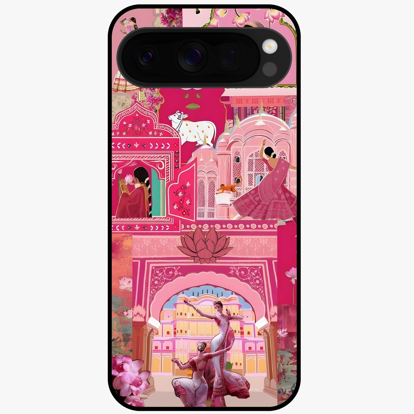 Pink Palace Muse Glass Case showing flat back view with elegant palace inspired artwork and glossy glass finish.