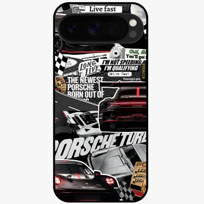 Porsche Racing Collage Glass Case showing flat back view with sports car racing collage artwork and glossy glass finish.