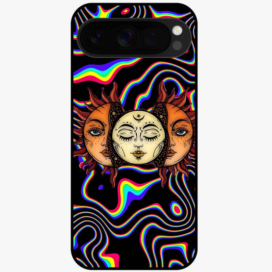 Psychedelic Sun Glass Case showing flat back view with colorful psychedelic sun artwork and glossy glass finish.