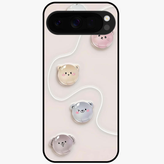 Puffy Face Parade Glass Case showing flat back view with cute puffy character faces artwork and glossy glass finish.