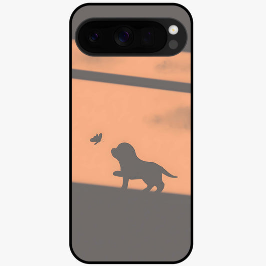 Puppy Shadow Art Glass Case showing flat back view with cute puppy shadow style artwork and glossy glass finish.