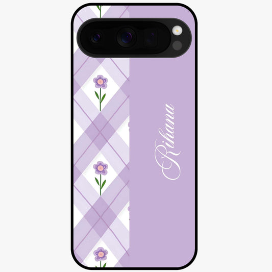 Purple Diamond Floral Glass Case showing flat back view with diamond shaped floral artwork and glossy glass finish.