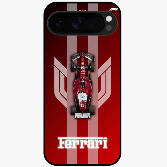 Red Ferrari F1 Vertical Glass Case showing flat back view with sleek Formula racing car artwork and glossy glass finish.
