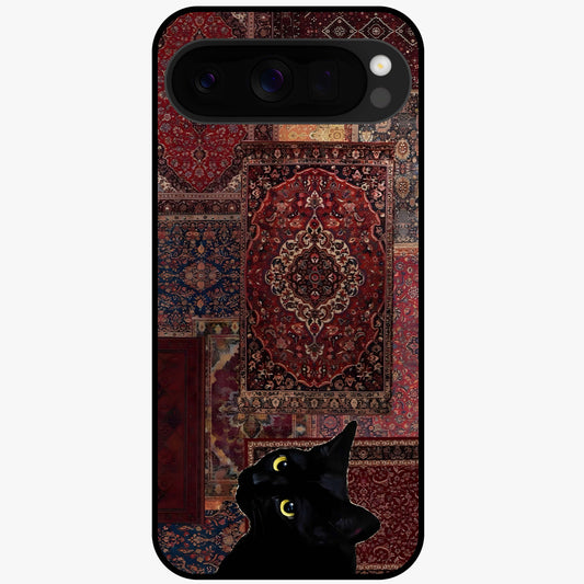 Regal Magic Cat Apple Glass Case showing flat back view with magical cat artwork holding apple and glossy glass finish.