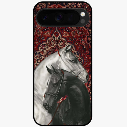 Regal Stallion Tapestry Glass Case showing flat back view with majestic horse tapestry artwork and glossy glass finish.