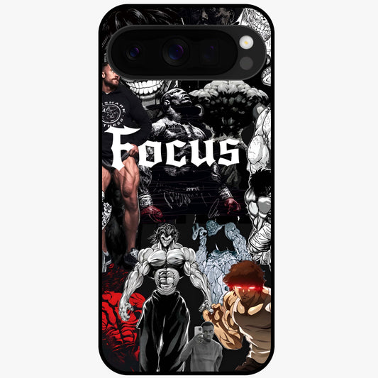 Relentless Power Focus Glass Case showing flat back view with motivational typography artwork and glossy glass finish.